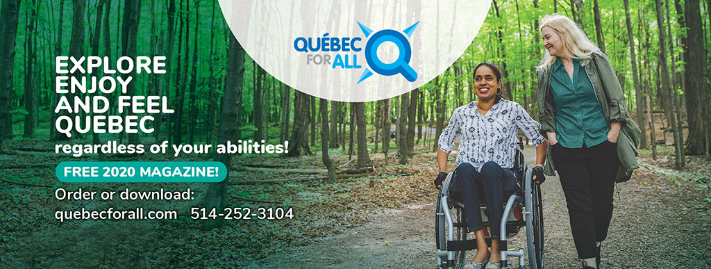 Quebec for all magazine cover, person in wheelchair with friend in forest