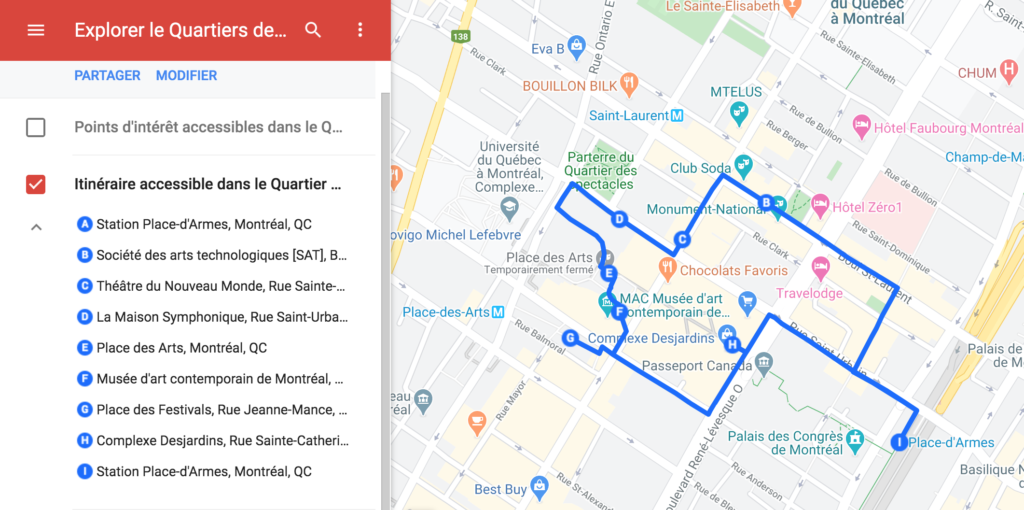 Carte Google My Maps avec les points d'intérêt