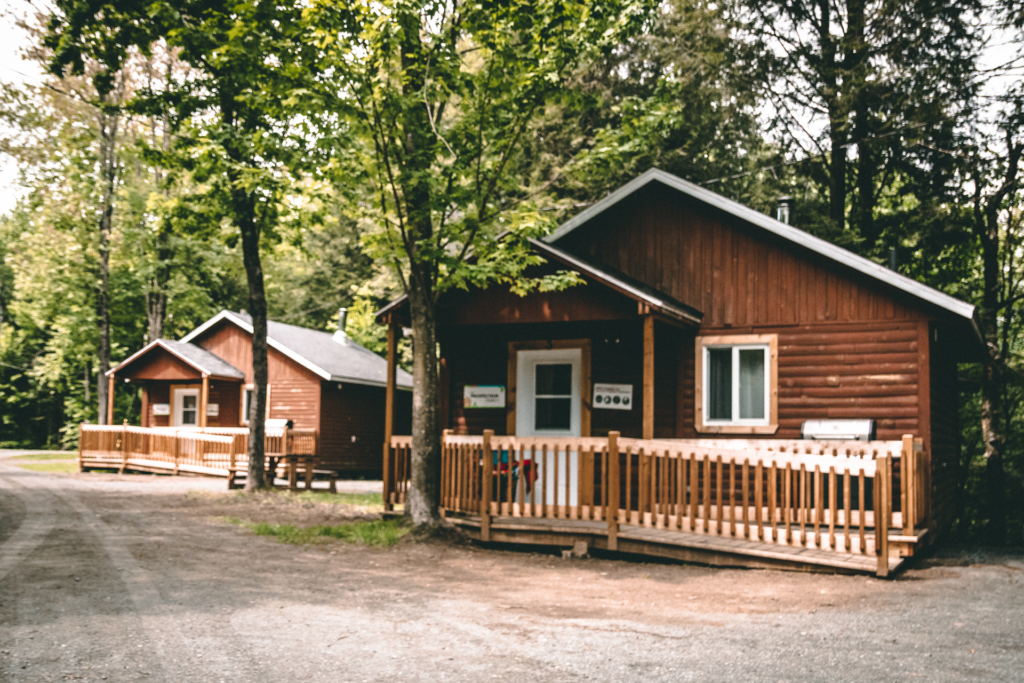 Un sentier large qui mène à deux chalets en forêt