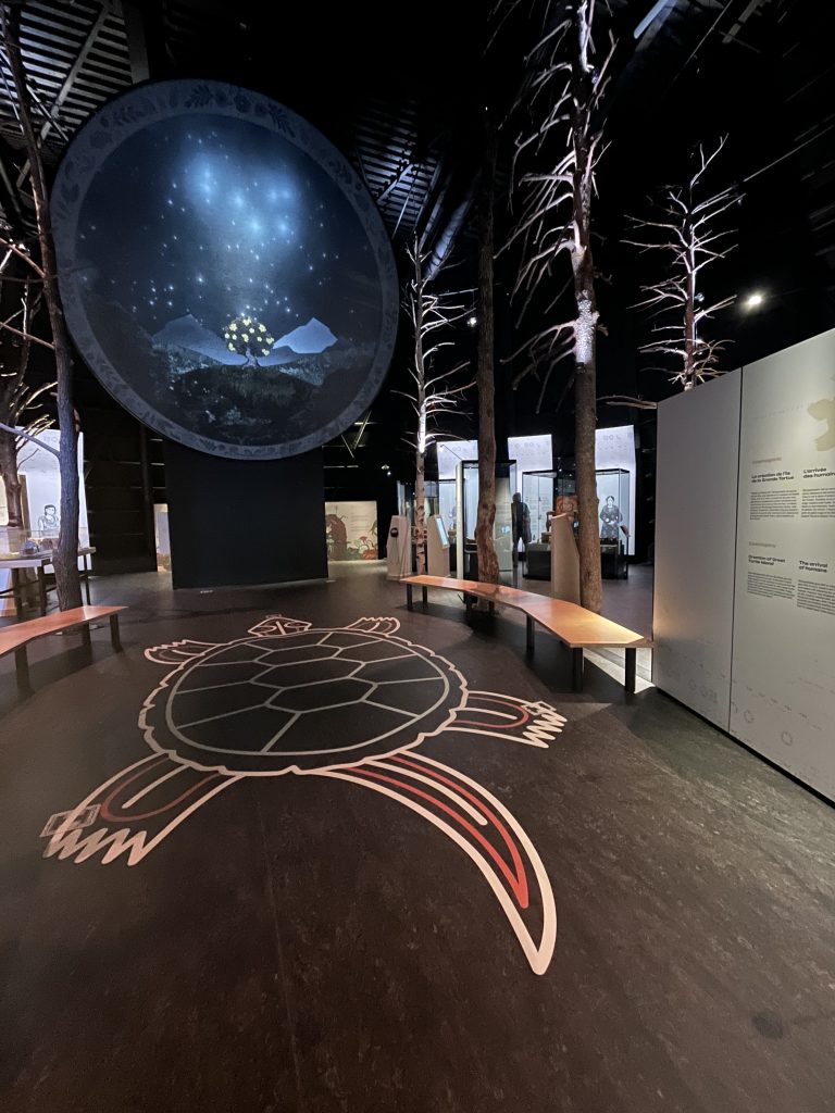 Intérieur d'un musée avec un grand cercle mural représentant des étoiles et des montagnes, des bancs en bois, des arbres décoratifs, et une tortue stylisée au sol, symbolisant la culture autochtone.